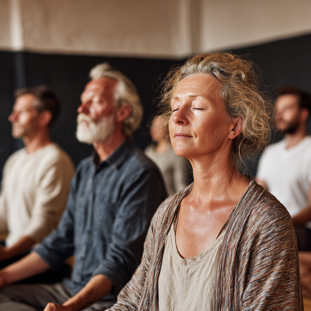 Peaceful meditation space with adults in their forties practicing mindfulness