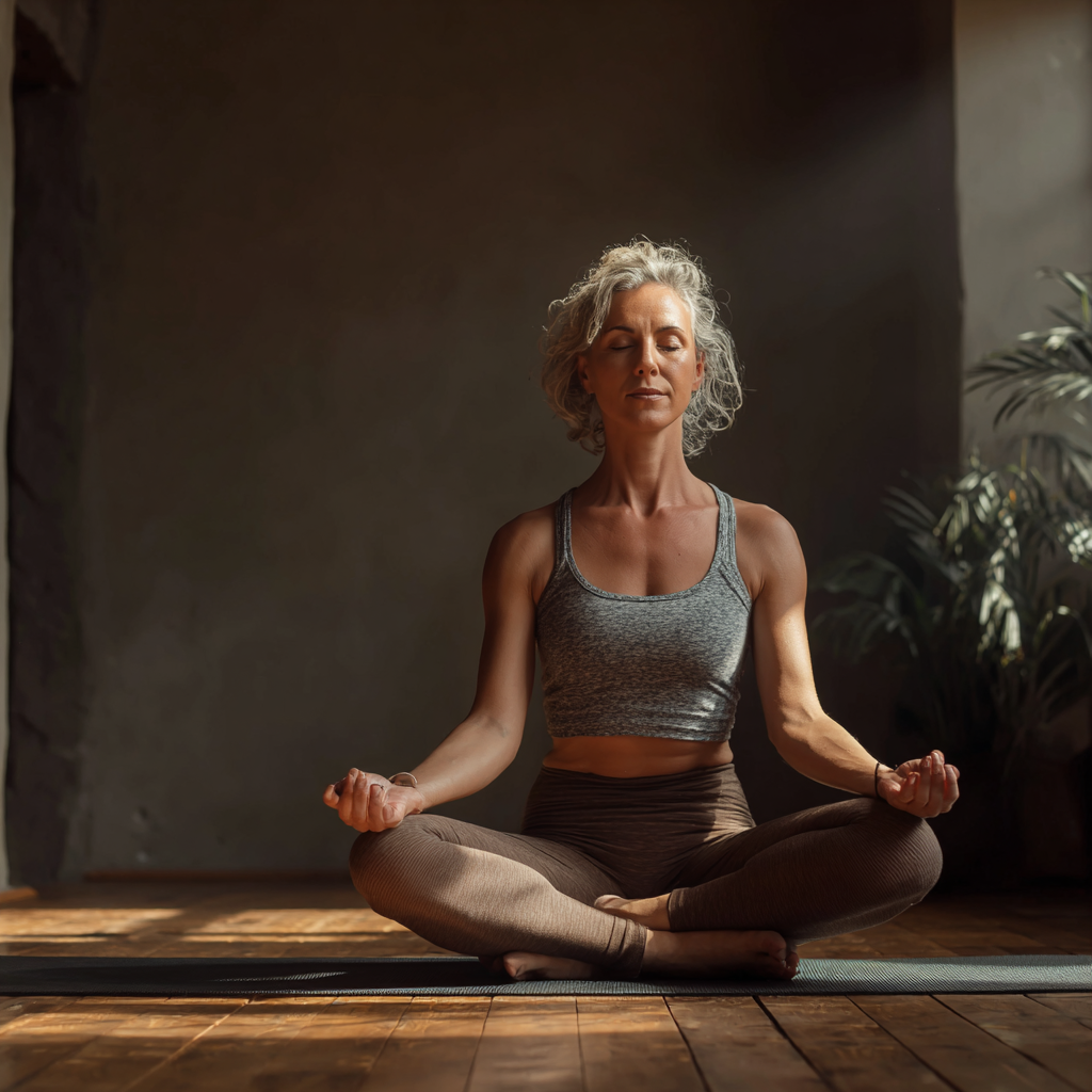 Serene yoga studio with mature woman practicing gentle poses